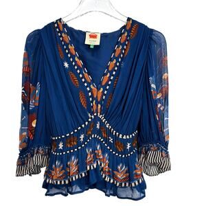 Farm Rio Nature Beauty Blouse Top Women XS‎ Blue Floral V Neck Peplum Chiffon